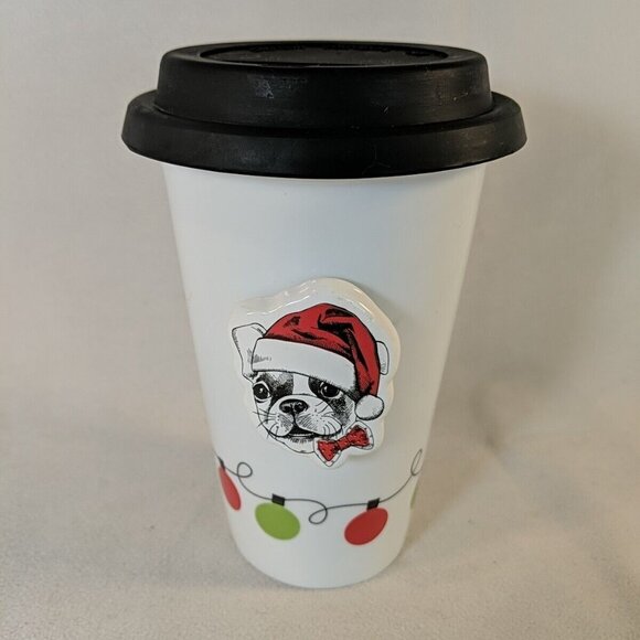 C.R. Gibson Santa Dog Christmas Travel Mug Ceramic Lid Ornaments 10 oz Tumbler - Picture 1 of 10